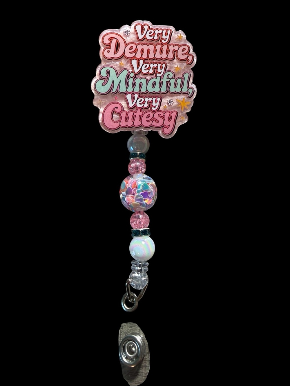 Very Demure Pink Beaded Badge Reel